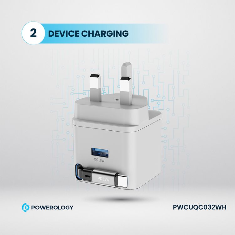 Powerology Dual Output Retractable GaN Charger with Built-in Safeguards, 2-Device Charging, 35W Power Delivery, Fire Proof Material, Patented Design, 75cm Retractable Type-C Cable - White