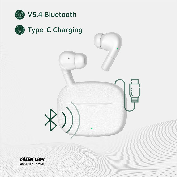 Green Lion Santorini 2 True Wireless Earbuds with Touch Controls, Up to 5 Hours Play Time, ABS Material, 2500 Hours Standby Time, 13mm Speaker Size, ENC Dual Microphones, High-Quality Sound, Voice Assistant - White
