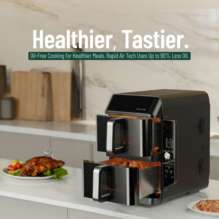 Green Lion Double-Decker Pro Digital Air Fryer with 2× 5.6L Capacity, 6 Preset Programs, 2400W Power, PP + Aluminum + ABS & PC Material, 0-60 Minutes Frying Time, Up to 230°C Temperature, BS Plug 90cm Power Cord, LED Touch Display - Black
