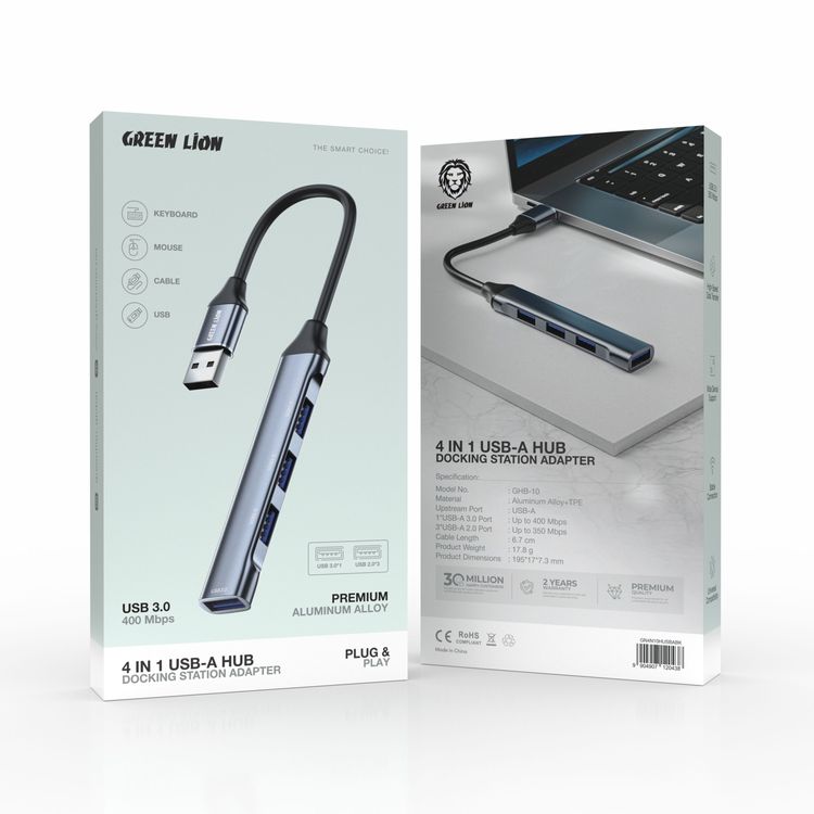 Green Lion 4 IN 1 USB-A Hub & Docking Station Adapter, PD 100W, 1×USB-A 3.0 & 3×USB-A 2.0 Ports, Plug & Play, Universal Compatibility, Up to 400 Mbps High Speed Data Transfer, for Laptop & Keyboard &  Mouse & Cables - Black