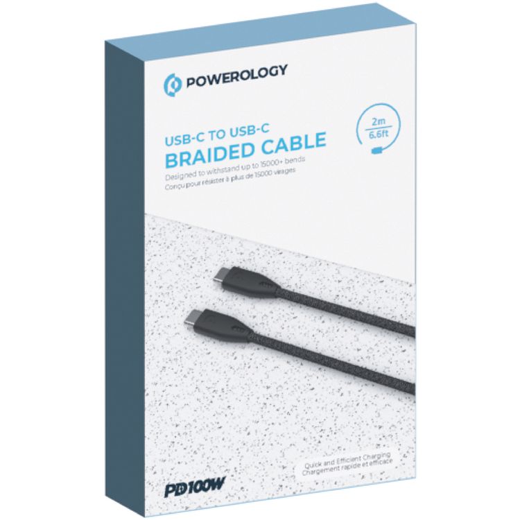  Powerology USB-C to USB-C Braided Cable with 100W Power Delivery, Over Heat & Current Protection, Fire-Resistant PVC Material, Fast Charge & Data Sync, 2m Cable Length - Black