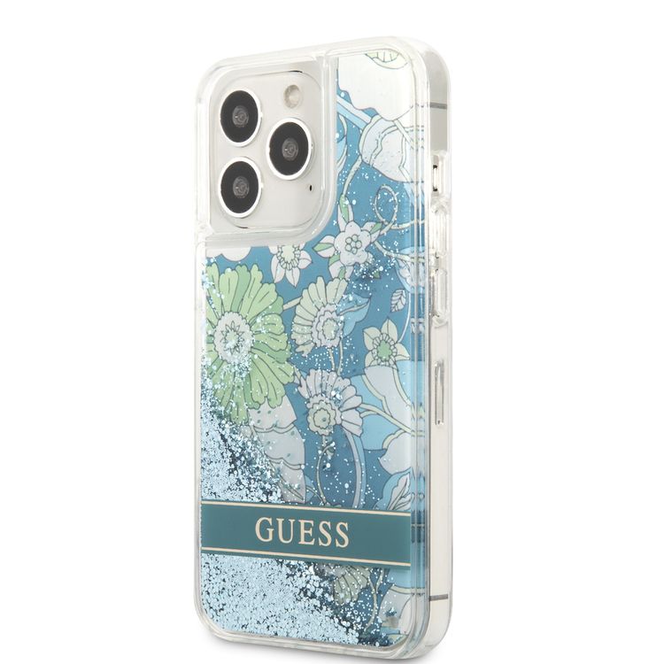 CG MOBILE Guess GUHCP13XLFLSN Liquid Glitter Hard Case, Charms Hard Phone Case, Compatible for iPhone 13 Pro Max, Shock-Absorption Mobile Case Officially Licensed - Flower Green