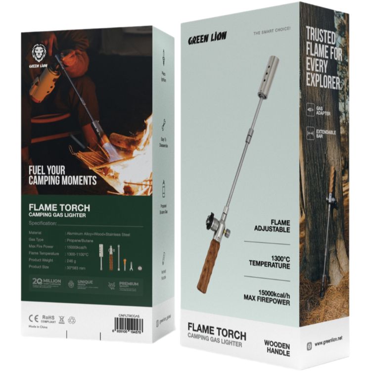 Green Lion Flame Torch Camping Gas Lighter,  Aluminum Alloy+ Wood+ Stainless Steel Material, Propane / Butane Gas, Flame Adjustable - Silver 