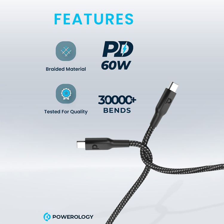 Powerology Braided USB-C to USB-C with 60W Power Delivery, 30cm Cable Length, Universal Compatibility, Fast Charge & Data Transfer - Black