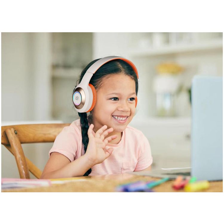 Porodo Soundtec Radiant Wireless Headphones with 6 Hours Playtime, Type-C Charging, Convenient Controls,  3.5mm Jack, LED Light, 120 Hours Standby Time, Android and iOS Compatibility - Beige/Orange