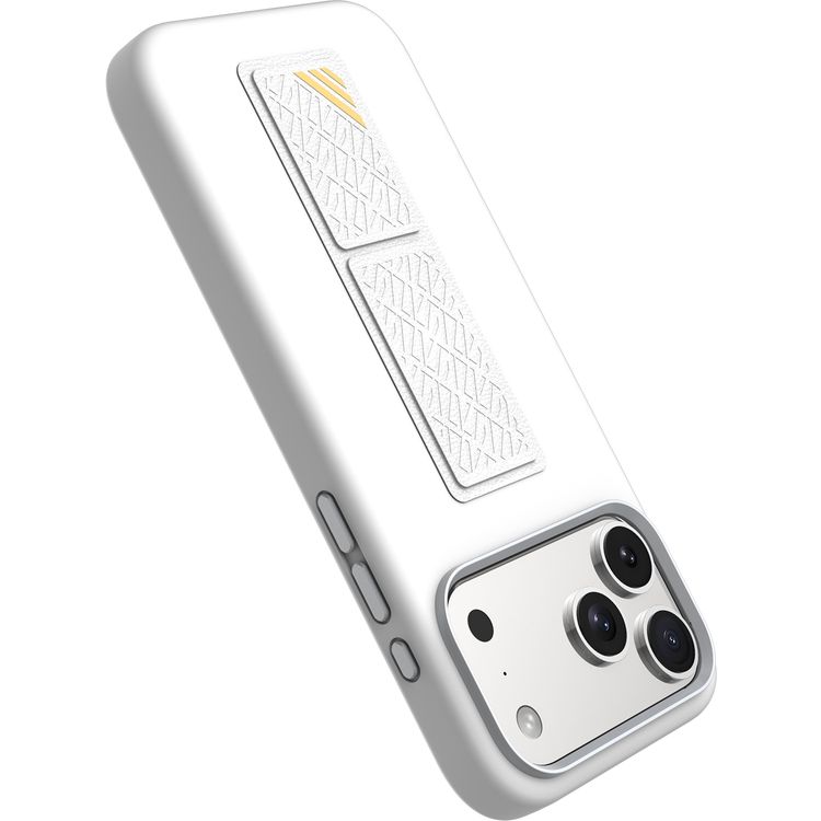 جراب Levelo Morphix Silicone GripStand لجهاز iPhone 17 Pro Max، للعرض بدون استخدام اليدين، بطانة داخلية من الألياف الدقيقة الحقيقية، حامل أفقي وعمودي، مصد مقاوم للصدمات، حواف مرتفعة للكاميرا والشاشة، تصميم نحيف - فضي