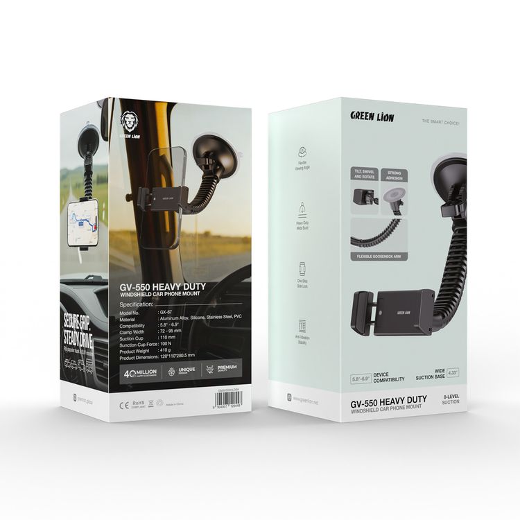 Green Lion GV-550 Heavy Duty Windshield Car Phone Mount with 4.33" Wide Suction Base, 8-Level Suction, Flexible Viewing Angle & Gooseneck Arm, Heavy-Duty Metal Build, One-Step Side Lock, Tilt + Swivel and Rotate, Strong Adhesion - Black