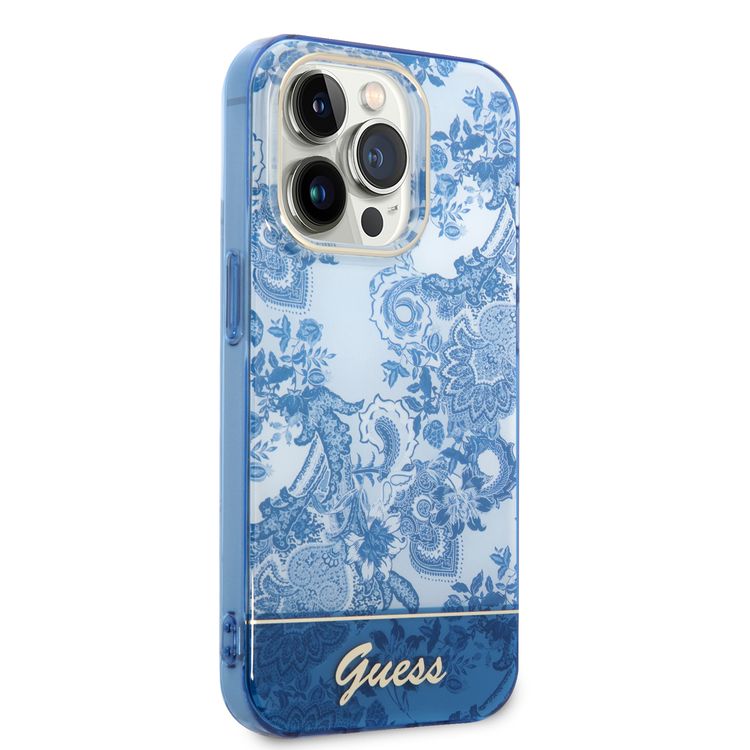 Guess PC/TPU IML Case With Double Layer Electroplated Camera Outline & Toile De Jouy - iPhone 14 Pro Max - Blue