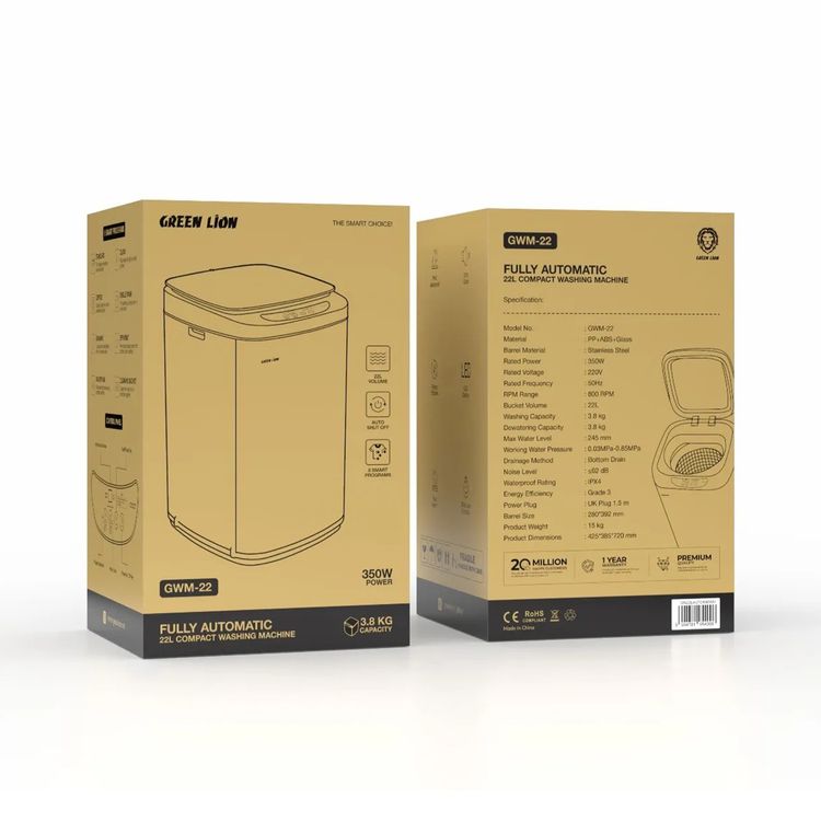 Green Lion Fully Automatic 22L Compact Washing Machine, Stainless Steel Barrel, 350W Rated Power, 3.8kg Washing Capacity, Auto Shut-Off Function, LED Display, Child Lock Function - White