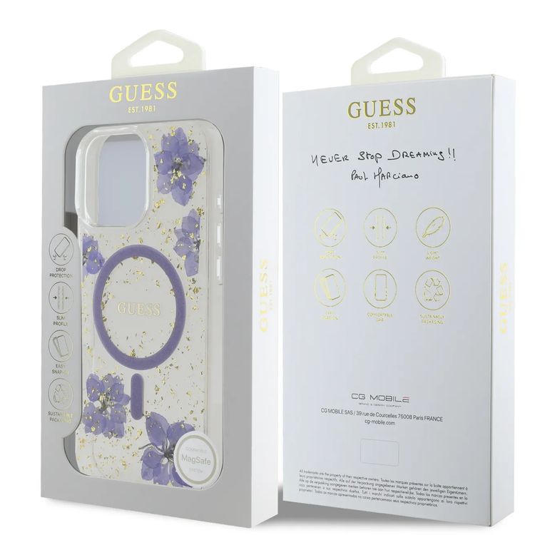جراب Guess Magsafe الصلب بتصميم زهور الراتنج لهاتف iPhone 16 Pro، حماية من السقوط، قبضة مريحة - أرجواني