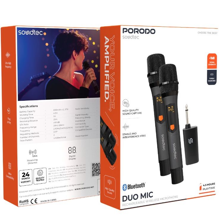 Porodo Soundtec Duo Aluminum Rechargeable Wireless Microphone with Digital Display, High-Quality Sound, 2 Channels, Unidirectional Polar Pattern, DSP Regulating Methods, 25 Meters Receiving Distance - Black