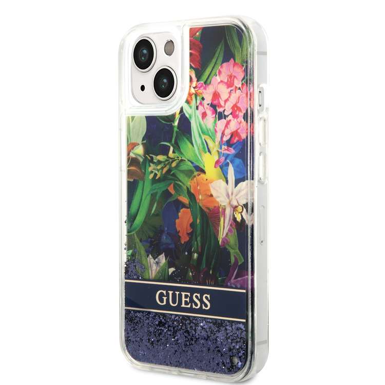 Guess Liquid Glitter Case with Flower Pattern Extra Shine Smooth Touch Feel iPhone 14 Compatibility - Blue