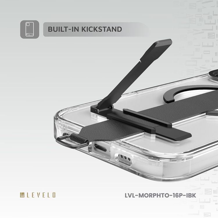 Levelo Morphix Trio Case for iPhone 16 Pro with Built-in Kickstand, Metal Camera Edge, MagSafe Compatible, Impact-Resistant Corners, Grip Strap & Metal Hook, Anti Yellowing - Ink Black