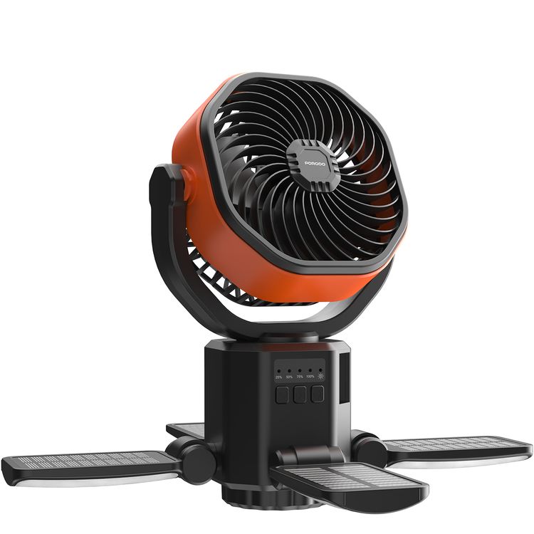 Porodo Suncharge Outdoor Solar Fan with LED Lighting & Power Bank Function, 3 LED Brightness Levels, 4 Speed Settings, Foldable Hanging Hook, 150°Auto Oscillation, Up to 30 Hours Working Time, 6000mAh Battery, 5W Rated Power - Black / Orange