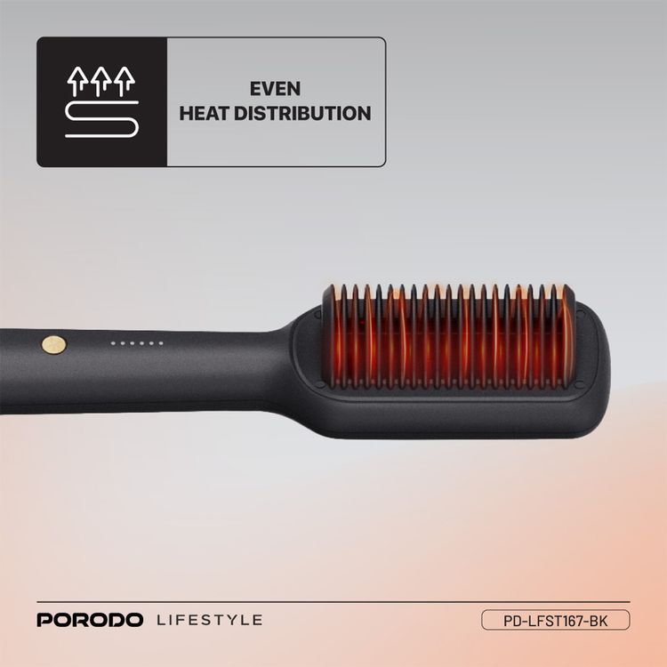 Porodo Lifestyle Electric Heated Hair Straightener Comb with 5 Temperature Settings, 33W Rated Power, 30 Seconds Fast Heating Time, 70% Frizz Reduction, Auto Shut-Off - Black