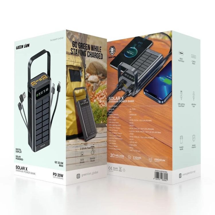 Green Lion Solar X 30000mAh Power Bank with QC 22.5W, PD 20W, Type-C & Micro & Lightning & USB-A Cables, 4× USB-A, Micro, Lightning, USB-C Ports, ABS & PC Material, SOS & Steady Flash Modes, Multiple Protection, Portable Handle, Digital Display - Black