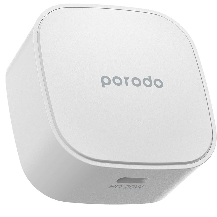 Porodo Super-Compact Fast Charger with 20W USB-C Power Delivery, Overcurrent Protection, UK 3-Pin Plug, Fire Retardant Material, 0%-60% Charge in 30 Minutes - White