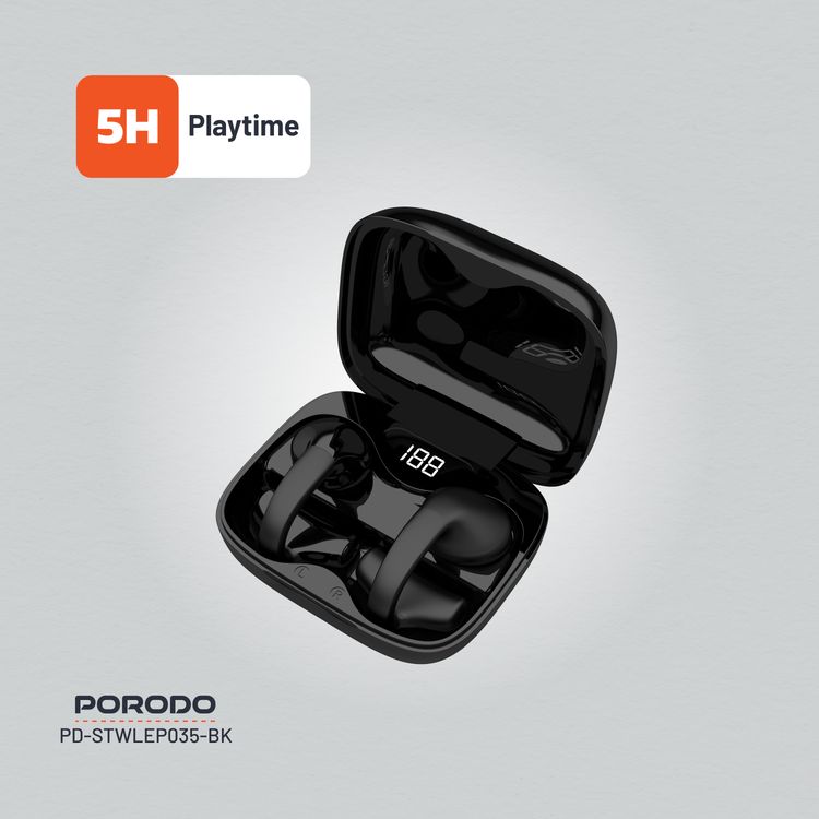 Porodo Soundtec TWS Ear Clip, 10m Transmission Range, Bluetooth V5.3, Up to 24 Hours Play Time, 300mAh Battery Capacity - Black