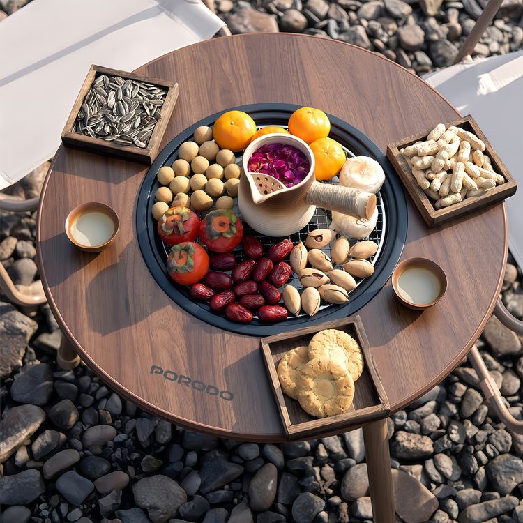 طاولة شواء خارجية دائرية من Porodo مع حلقة حماية من الحرارة، ووعاء فحم قابل للإزالة، مصنوعة من الفولاذ الكربوني - لون بني
