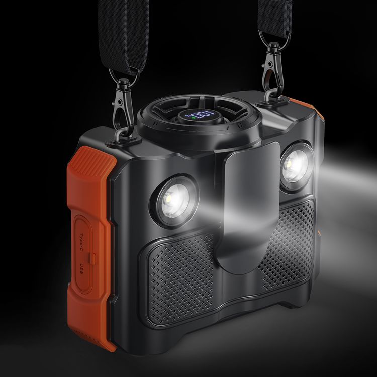 Porodo Lifestyle 800mAh Bluetooth Waist Fan with LED Headlight Function, Bluetooth Music Streaming, Adjustable Cooling Breeze, Comfortable Lanyard, 8000mAh Battery Capacity - Black