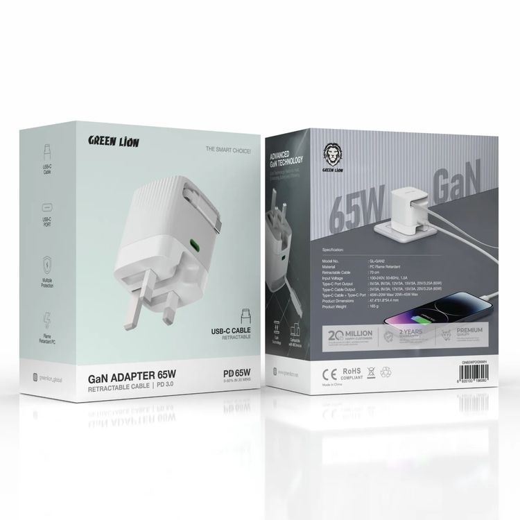 Green Lion Gan Adapter 65W Retractable Cable PD 3.0, 70 cm Retractable Cable, Multiple Protection