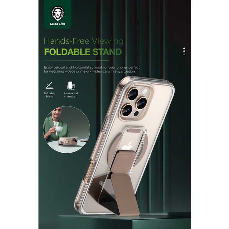 حامل جلدي Green Lion MagSafe لهاتف iPhone 16 Pro Max، شفاف للغاية، حامل قابل للطي، مغناطيس قوي - بني