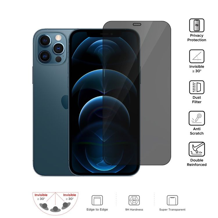 واقي شاشة كامل للخصوصية من Liberty Guard بحافة مستديرة سوداء مع فلتر غبار لهاتف iPhone 12 Pro Max