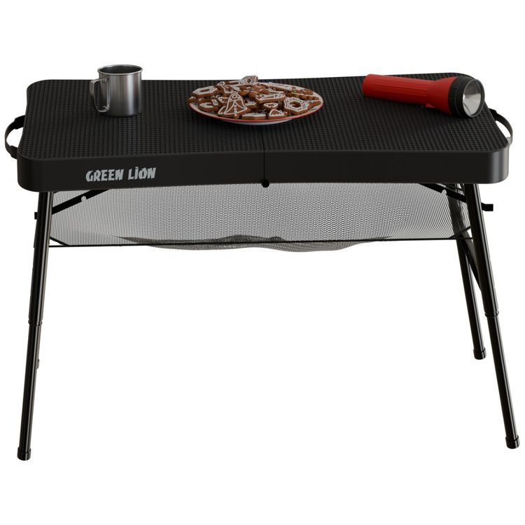 طاولة ونش سياحية قابلة للطي من جرين ليون وكرسي مع ارتفاع قابل للتعديل، سعة تحمل للكرسي 180 كجم، قاعدة غير قابلة للانزلاق، قفل معزز، تصميم قابل للطي، مقبض للحمل، سعة تحمل للطاولة 25 كجم، تخزين شبكي، كرسي قابل للتعديل تلسكوبياً - أسود