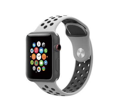 Porodo iGuard Sport Silicone Watch Strap for Apple Watch 45/44mm, Dual Color Design, Compatible with SE, Series 7, 6, 5 & 4, Breathable & Comfortable, Adjustable Strap - Pure Platinum / Black