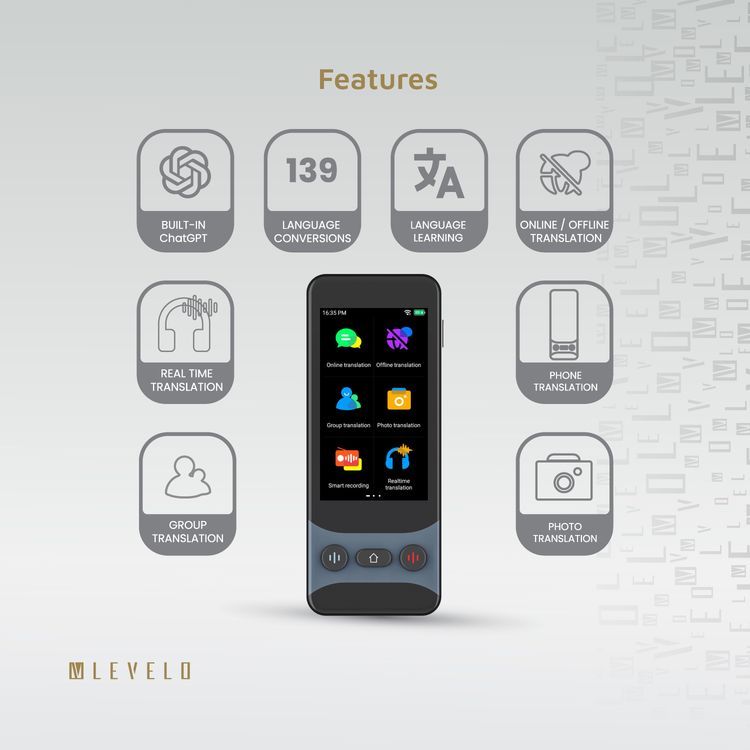 Levelo FluentLink Offline & Online Voice Translator, Built-in ChatGPT, Unit Conversion, Exchange Rate Conversion - Gray