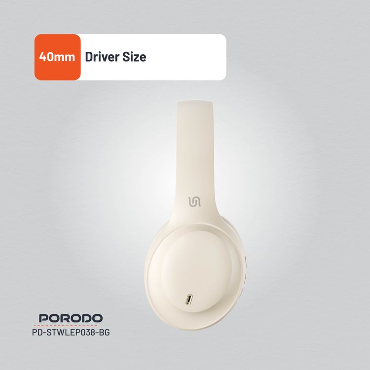  Porodo Soundtec Wireless Headphones with 400mAh Battery Capacity, 1.5 Hours Recharge Time, Up to 50 Hours Working Time, Type C Charging Port, Bluetooth V5.4 - Beige