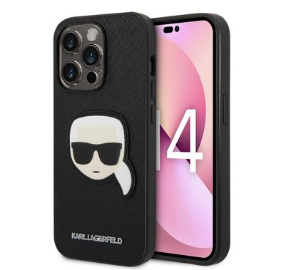Karl Lagerfeld PU Saffiano Case with Karl Head Patch Ultra-Thin iPhone 14 Pro Compatibility - Black