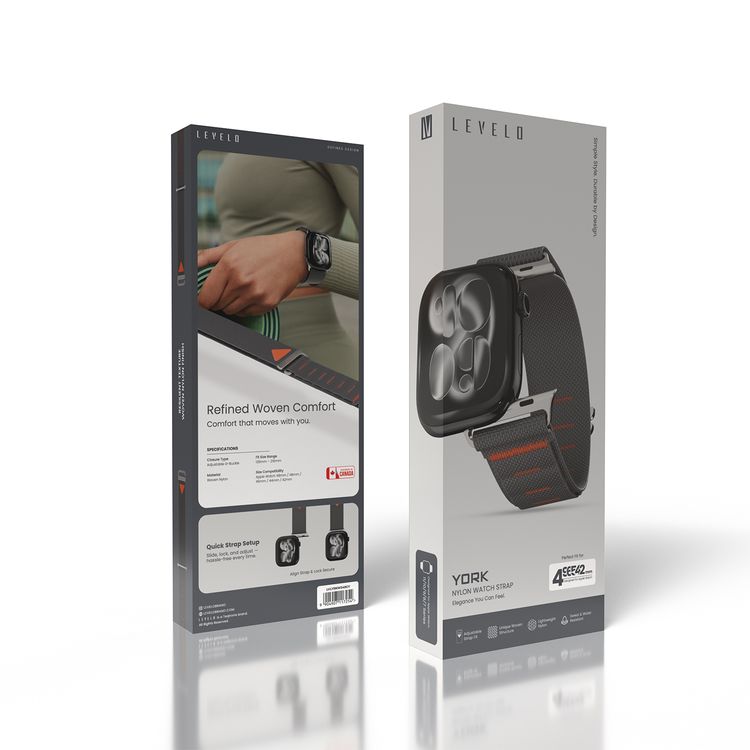 Levelo York Nylon Watch Strap with Adjustable Strap Fit, Unique Woven Structure, Lightweight Nylon, Quick Strap Setup, Unique Woven Structure, Sweat & Water Resistant, 135mm – 210mm Fit Size Range, Adjustable G-Buckle Closure Type - Gray