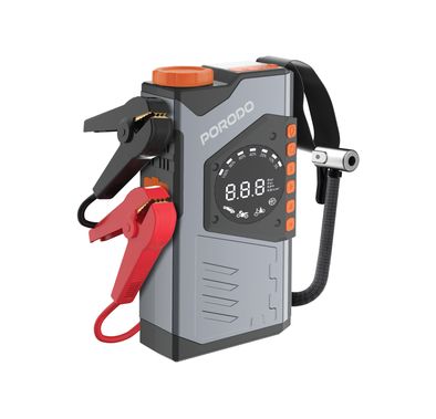 Porodo Volt Boost 3-in-1 Jump Starter with 10000mAh Compact Utility Tool, Air Inflator, Power Bank, Flashlight, ABS & PC Material, 2 Hours Charging Time, 6L Gasoline Engine, 8L Diesel Engine, 1200A Peak Current, Fast Charging Power Bank Technology, Digital Display - Gray
