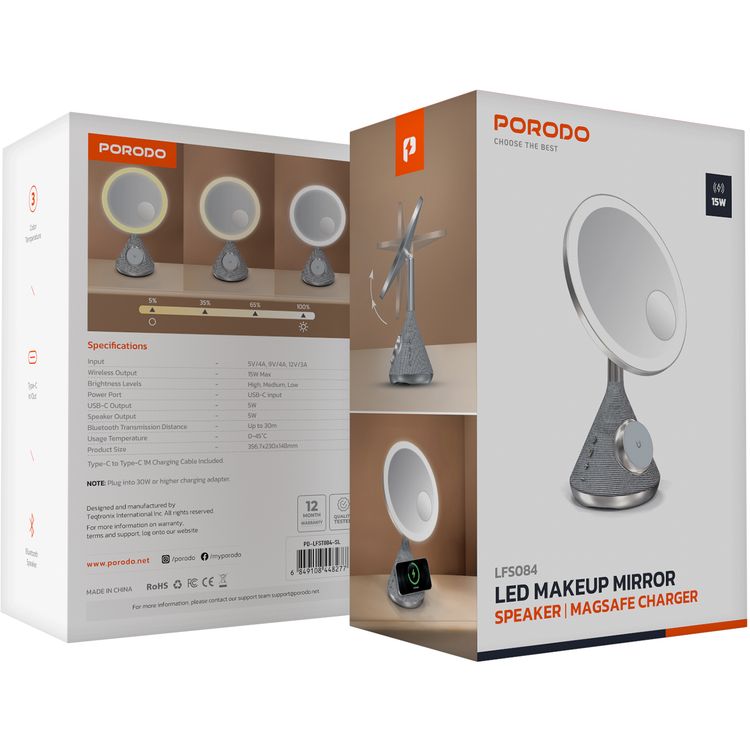 Porodo LED Makeup Mirror with 3 Brightness Levels, Bluetooth Speaker, Up to 30m Bluetooth Transmission Distance, USB-C Power Port, MagSafe Charger, 1m Charging Cable Included - Silver