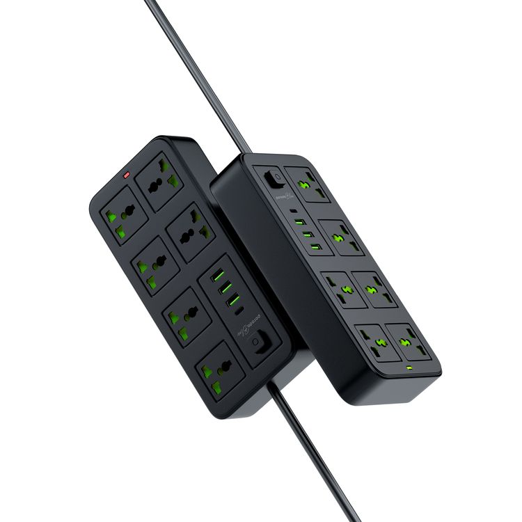 Porodo Blue 6 AC Universal Sockets Power Strip with Type-C, 3 USB-A UK, 3m Cable Length, Universal Sockets - Black