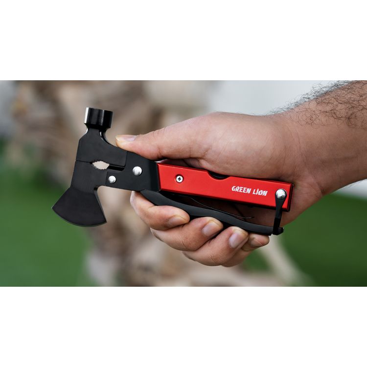 Green Lion Storm Breaker Multi-Tool Axe with Stainless Steel 420 Material, 13 Functions in One, Sharp Edge, Easy to Carry & Durable - Red