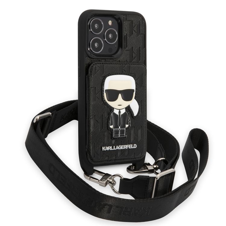 Karl Lagerfeld HC Monogram Case with Card Holder & Ikonik Patch Logo, Compatible with iPhone 13 Pro Max - Black