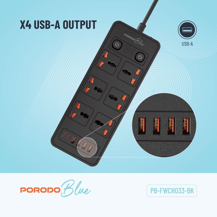 Porodo 6AC-Dual Switch Universal Power Strip with Premium Material, Power Switch Control, Safety Shutter, 13A Maximum Current - Black  
