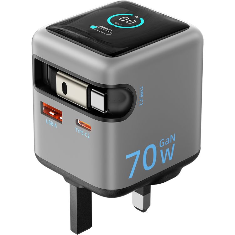 Powerology Halo Dual-Port GaN Charger with 80cm Retractable Type-C Cable, USB-A & USB-C Ports, 70W Max Output, GaN Technology, Smart Power Display, 3-Device Charging, 3-Pin UK Plug, Built-in Safeguards, Fast Charge Support - Gray