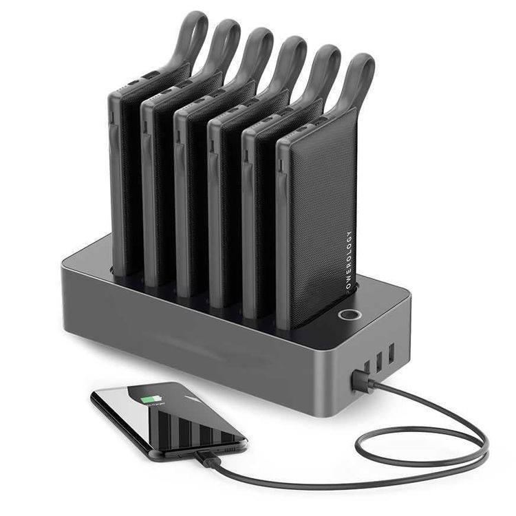 Powerology 6 in 1 Power Bank Station 10000mAh With Built-in Cable, Portable Power Bank, 1 Rapid Recharging Station, Type C Charging Ports - Black