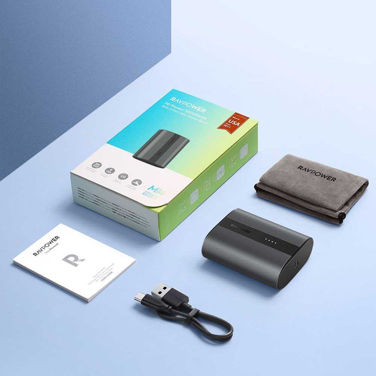 RAVPower 2-Port PD Pioneer Mini Power Bank 10000mAh 18W with Overcharging Protection - QC Fast Charging Portable Charger Powerbank - Compact Size Design - Metallic Dark Gray