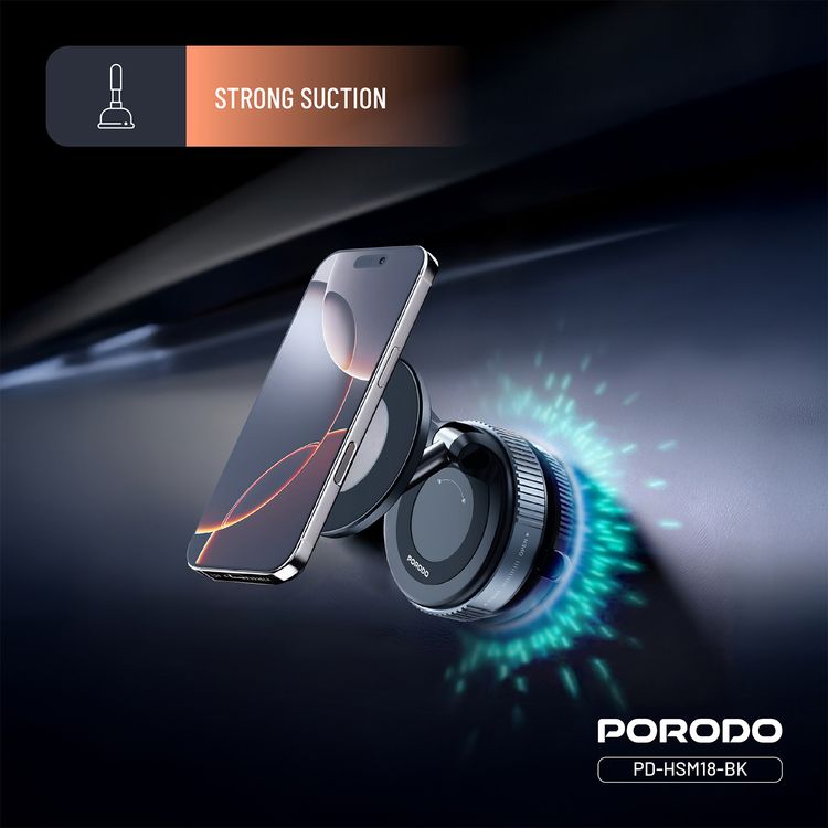 Porodo Vacuseal Rotate-Lock MagSafe Mount with N52 Magnets, Adjustable Viewing Angle, One-Hand Operation, Strong Suction, Horizontal & Vertical Modes - Black