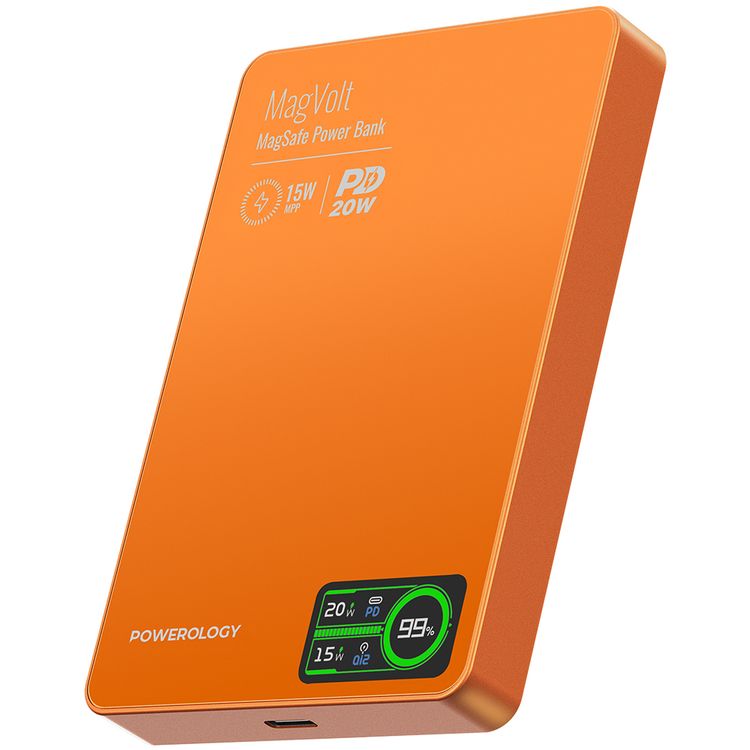 Powerology Nirvano 5-in-1 Power Travel Kit with 2.5L Travel Bag, 10000mAh MagSafe Power Bank, 75W Dual-Port USB-C + USB-A Output Car Charger, 45W GaN Wall Charger, 1m/60W USB-C Cable, UK 3-Pin Plug, N54 Magnet Type,  Car Charger Total Output 75W, Car Charger Material Zinc Alloy + PC - Black / Orange