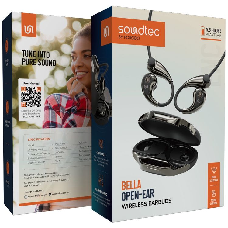 Porodo Soundtec Bella Open-Ear Wireless Earbuds with Clip-On Design, Up to 1 Hour Charging Time, 5.5 Hours Play Time, Bluetooth Version 5.4, 10m Transmission Range, Ergonomic Fit, Touch Control - Black