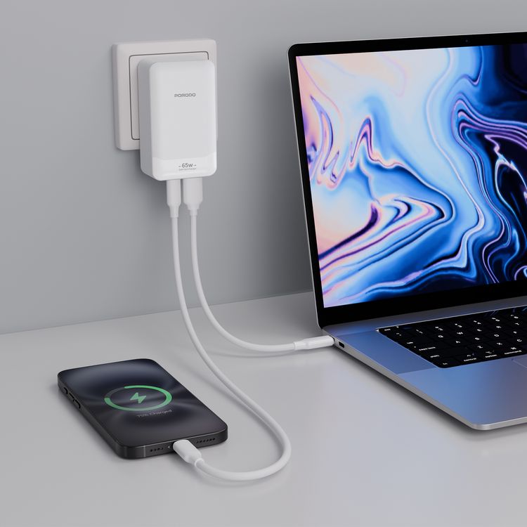 Porodo Terra GaN Adapter with USB-A & USB-C Ports, USB-C to USB-C Cable Included, Interchangeable US & UK & EU Plugs, PD 65W, Multiple Device Charging, Global Travel Ready - White