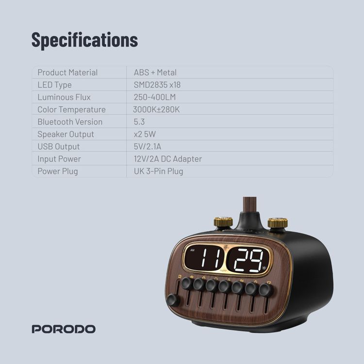 Porodo Retro Desk Lamp White-Noise & BT Speaker, Alarm and Snooze Function, Screen Display, 3 Brightness Levels (Low, Medium, High), Charging Ability, 8 Nature Sounds, USB-A Charging Port - Black 