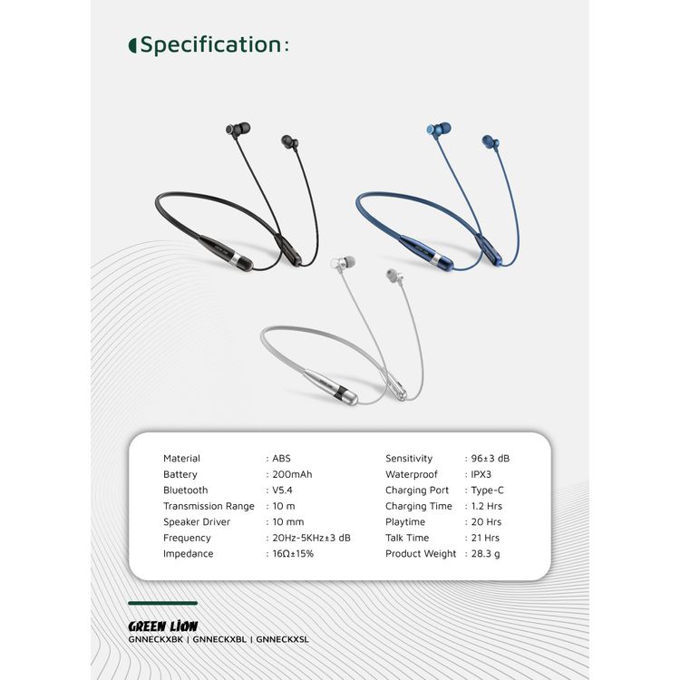 Green Lion Neck X Wireless Neckband with Magnetic Control, Comfortable to Wear, IPX3 Water Resistance Level, Type-C Charging Port - Silver