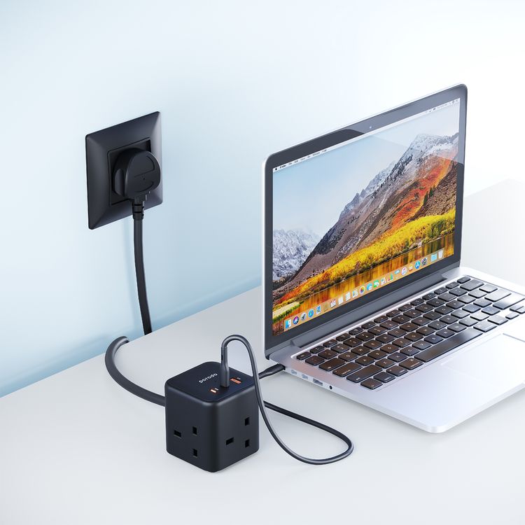 Porodo GaN Power Cube Multi-Port Charger with 3 AC Sockets, USB-A & Dual USB-C Ports, 3250W Power, Overload Protection, 60W USB-A QC Output, Super-Compact - Black