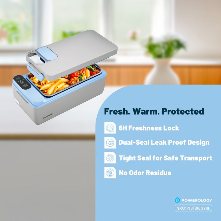 Powerology Lumo Portable Heated Lunch Box 4000mAh Battery, 1L Capacity, Smart Heating, Leakproof Design, Type-C Charging, Freshness Lock for 6 Hours, Insulated Bag – Grey / Blue